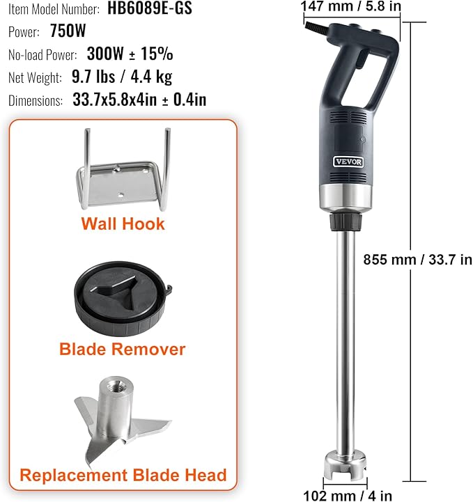 VEVOR Commercial Immersion Blender, 750W 20" Heavy Duty Hand Mixer, Variable Speed Kitchen Stick Mixer with 304 Stainless Steel Blade, Multi-Purpose Portable Mixer for Soup, Smoothie, Puree, Baby Food
