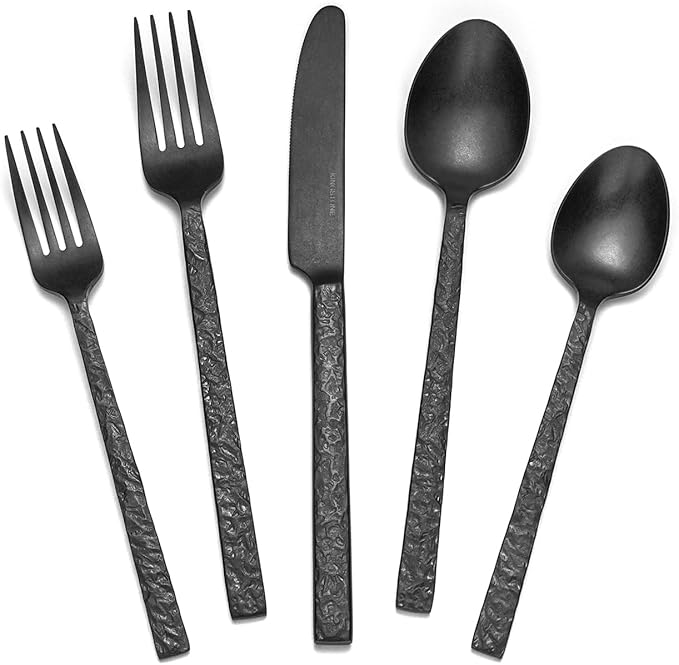 KINGSTONE 20 Pcs Black Hammered Silverware Set for 4, 18/10 Stainless Steel Heavy Duty Flatware Set, Tableware Cutlery Utensil Sets for Home Restaurant Dishwasher Safe