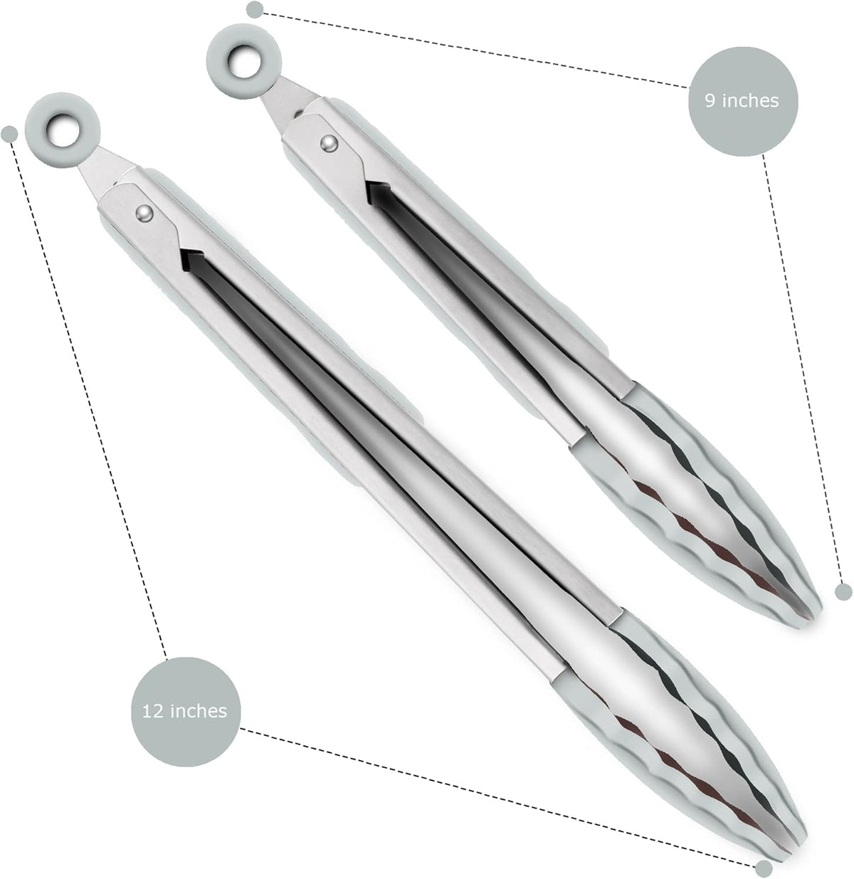 2 Pack Warm Grey Kitchen Tongs, Premium Silicone BPA Free Non-Stick Stainless Steel BBQ Cooking Grilling Locking Food Tongs, 9-Inch & 12-Inch