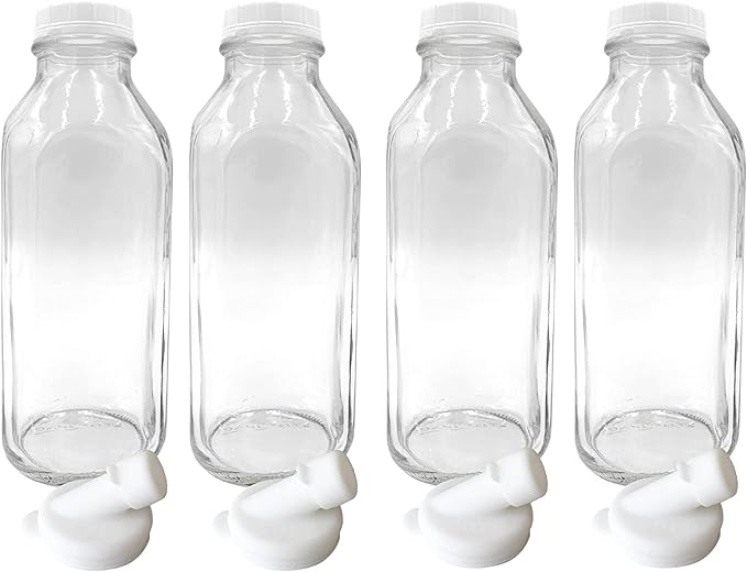 The Dairy Shoppe Heavy Glass Milk Bottles - Jugs with Lids and Silicone Pour Spouts - Clear Milk Containers for Fridge - Reusable Glass Milk Jug Dispenser - Made in USA (33.8 oz, 4 Pack)
