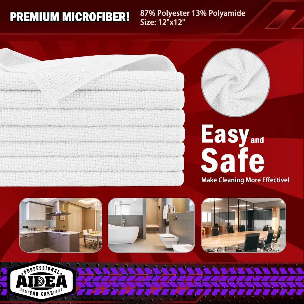 AIDEA Microfiber Cleaning Cloth White 50PK, Microfiber Towels for Cars, Premium Car Cloths, Dusting Cloth Lint Free Cleaning Rags for SUVs, House, Kitchen, Window, Workshops,12×12"