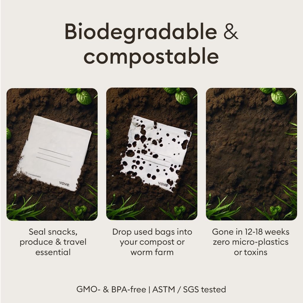 Vove Compostable Sandwich Bags, Medium 30 Count – Freezer Safe, Leak Proof, Non Toxic, Writable Surface for School Lunches & Meal Prep, Eco-Friendly