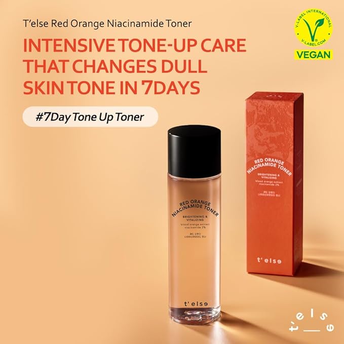 T'else Red Orange Niacinamide Toner 150ml, 5.2 Fl.oz, Tone Up Vitalizing Facial Essence, Smoothening Skin Texture Watery Toner with Exfoliation, PHA Care with Vitamin C & Panthenol, Korean Skin Care