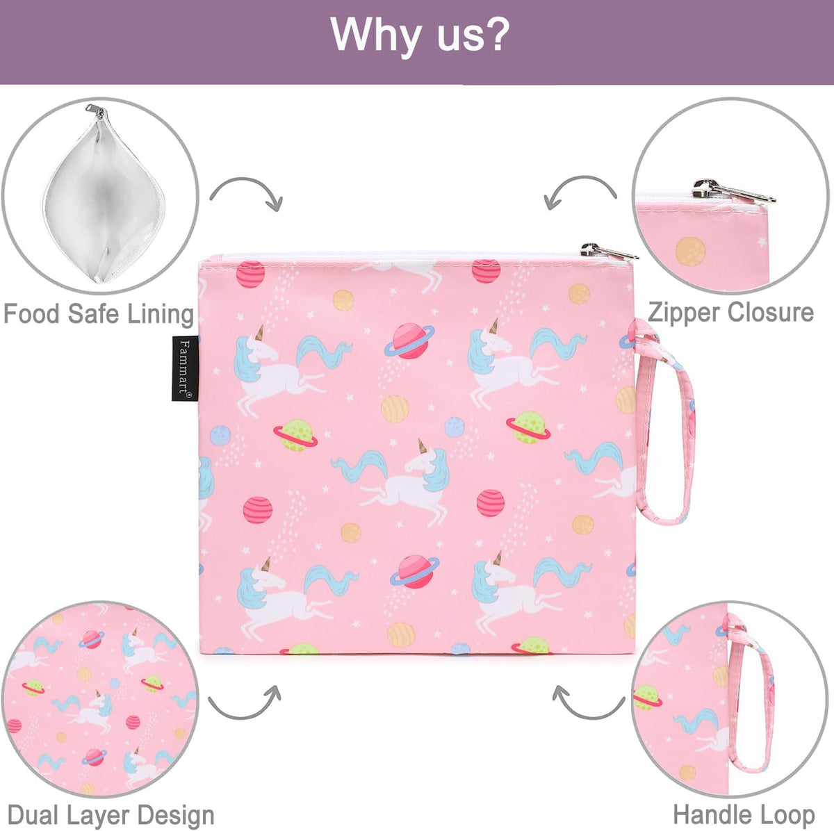 Reusable Sandwich Bag/Snack Bag for Kids & Adults, Dual Layer Lunch Bag with Handle, Washable, Food Safe, BPA Free (2-Pack, Planet Unicorn)