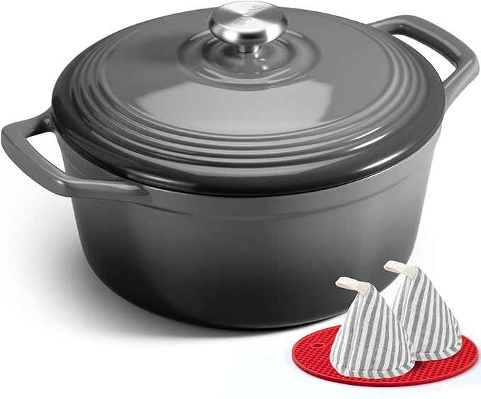 Overmont Enameled Cast Iron Dutch Oven - 5.5QT Pot with Lid Cookbook & Cotton Potholders - Heavy-Duty Cookware for Braising, Stews, Roasting, Bread Baking Grey