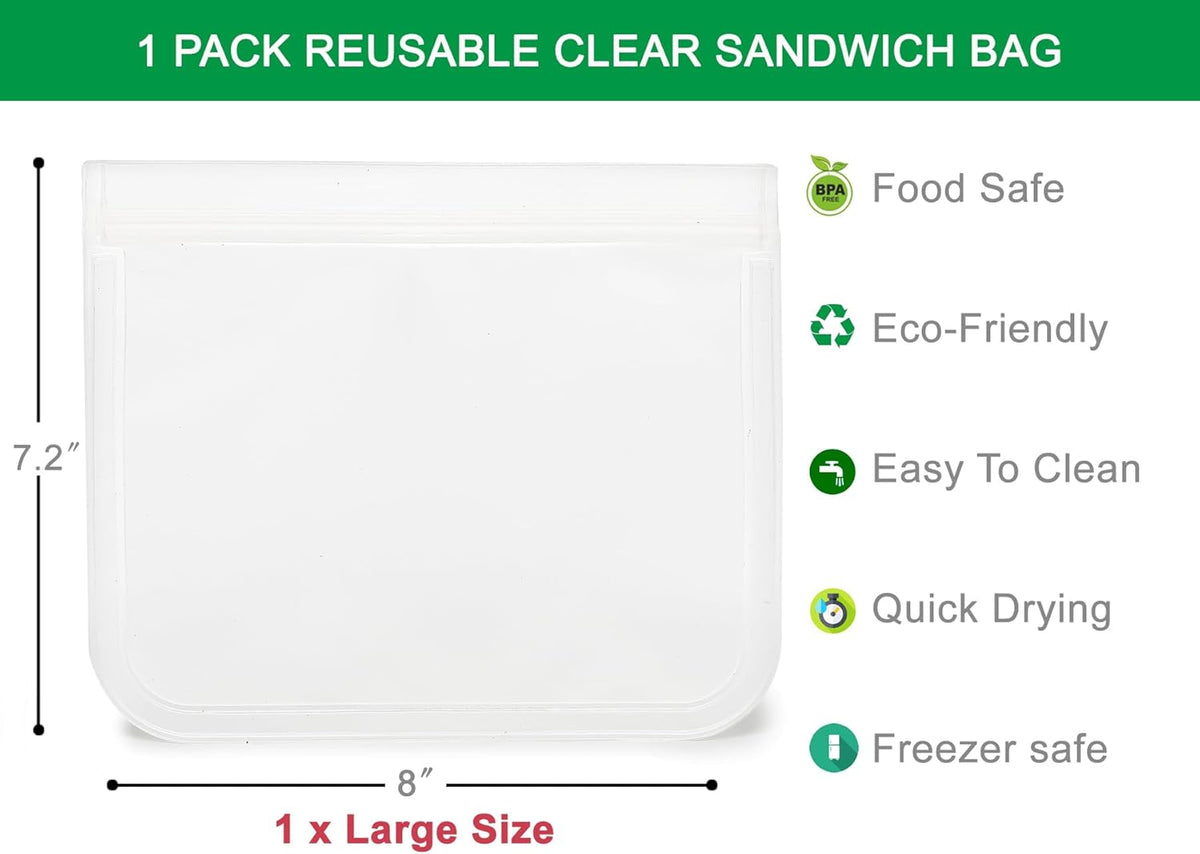 Clear Sandwich Bag/Snack Bag for Kids & Adults, Reusable Double Ziplock Cosmetic Bag Makeup Travel Bag for Women Girls, Leakproof, Washable, Food Safe, BPA Free (1-Pack, Clear)