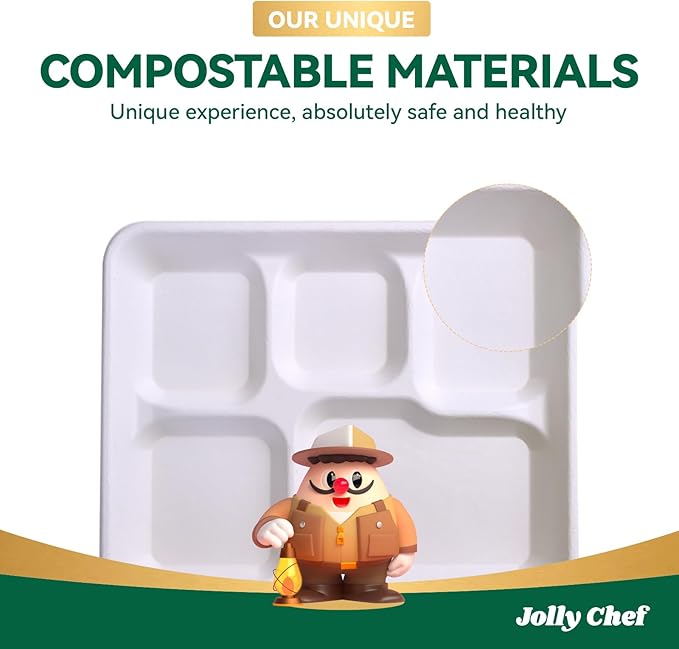JOLLY CHEF Compostable 𝟱 Compartment Paper Plates 10*8.25*1 𝗶𝗻𝗰𝗵 [𝟭𝟮𝟱 𝗣𝗮𝗰𝗸] Small Heavy Duty Divided Disposable White Eco-Friendly Biodegradable Food Tray for School Lunch Thanksgiving Day