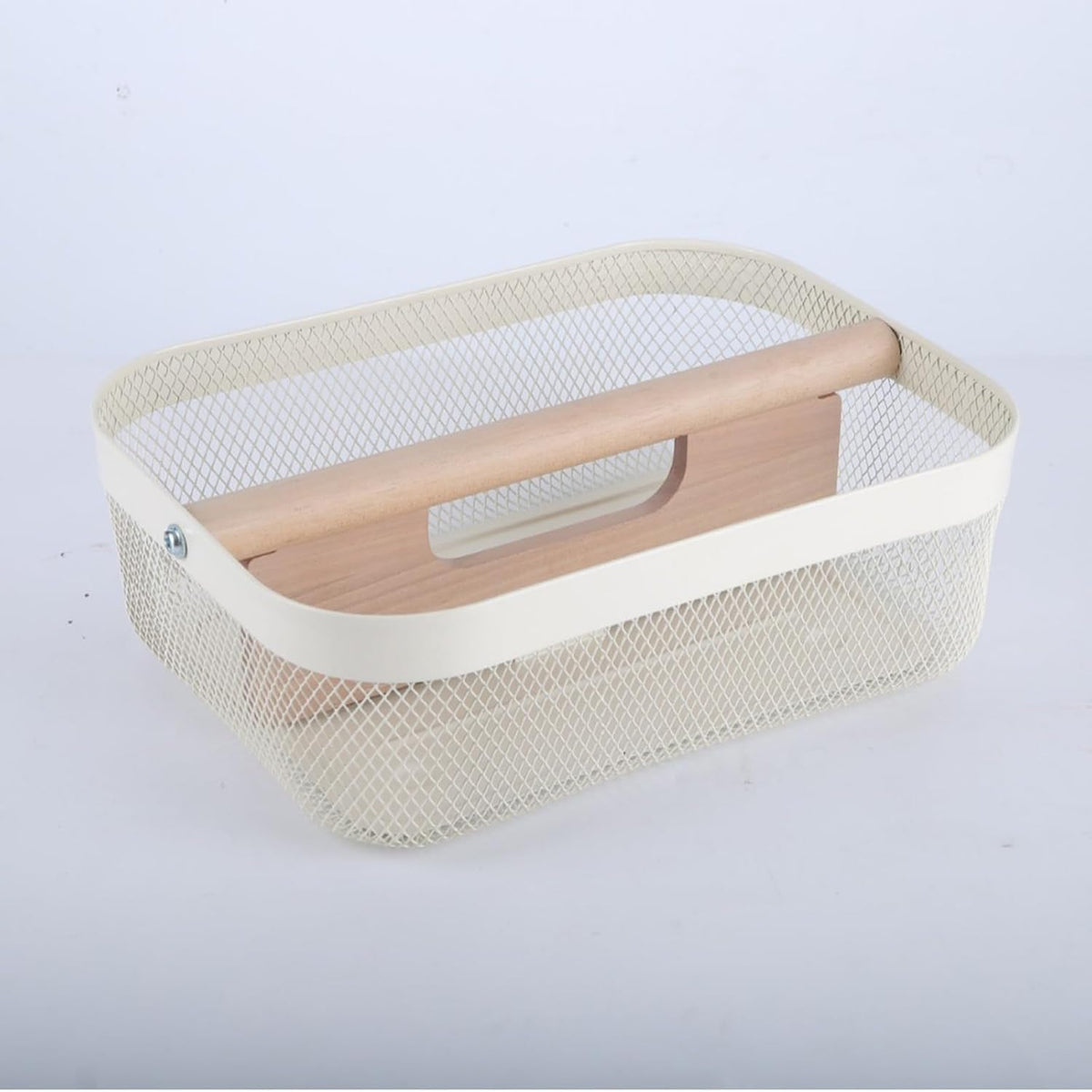Metal Mesh Steel Storage Basket, Garden Harvest Wire Organizer Basket Multi-functional Kitchen Fruit Basket with Wooden Removable Partition & Handle for Bath Picnic Decor Cabinet, Cream White