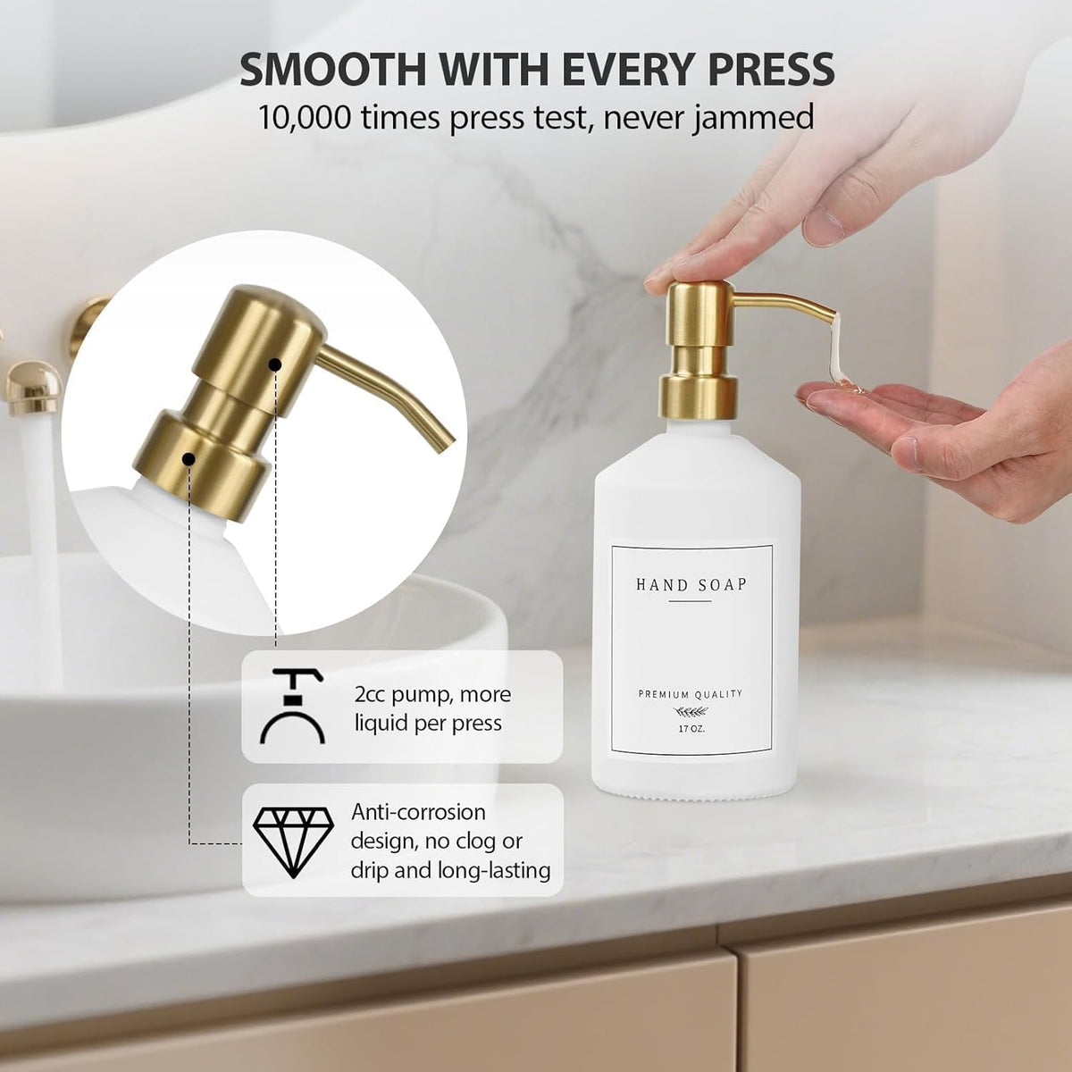 Gold Soap Dispenser Set, Glass Hand and Dish Soap Dispenser Set with Tray,Stainless Pump,14 Stickers for Kitchen,Bathroom Soap and Lotion Dispenser,Modern Counter Decor (White Bottle/Gold Pump)