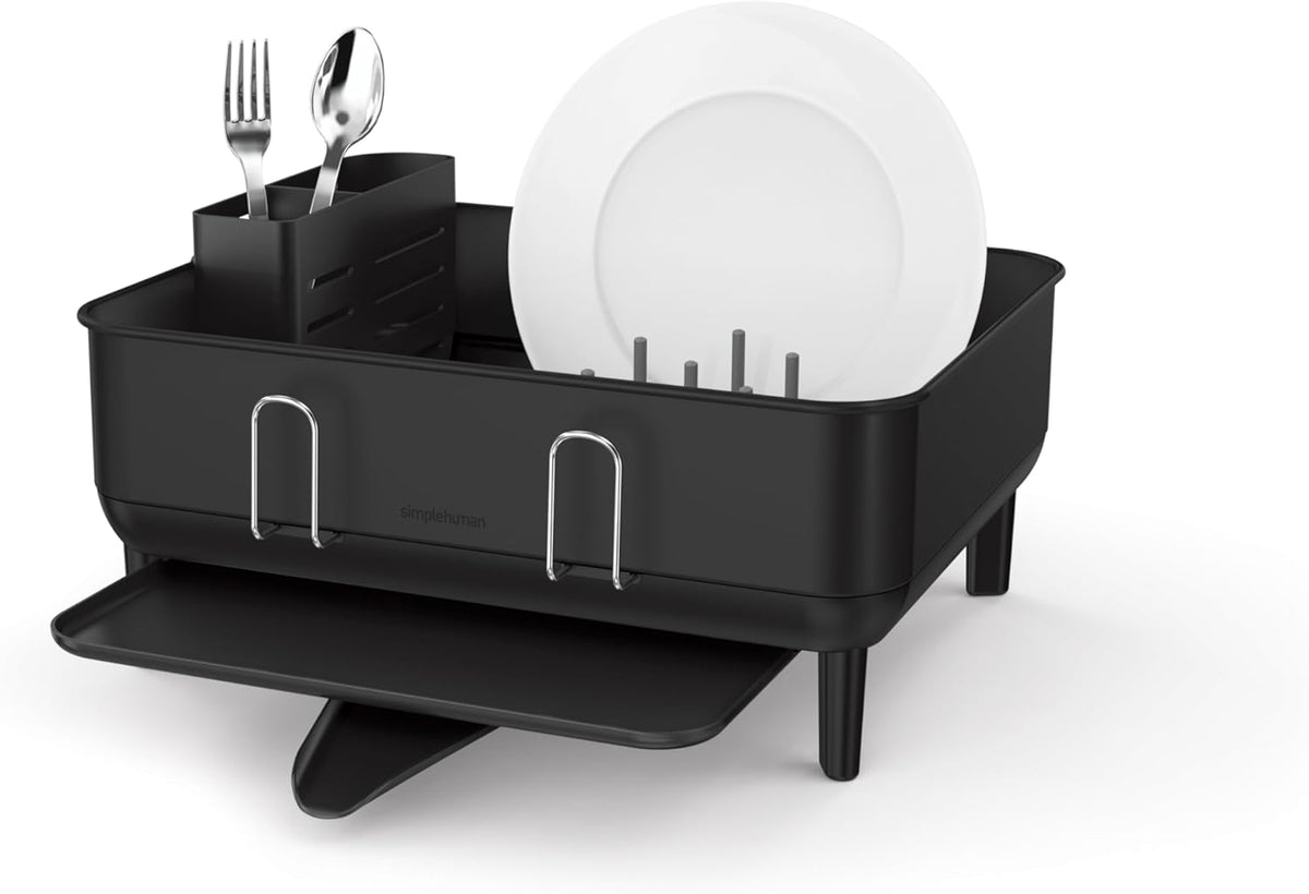 simplehuman Compact Dish Drying Rack with Stainless Steel Frame, 360º Easy Drain Swivel Spout, Utensil Holder, Anti-Residue Coating, Moisture Control Surface, Matte Black