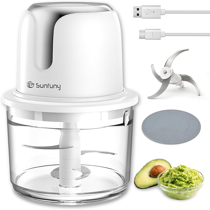 Food Processor Cordless, Small Wireless Chopper with 5-Cup Glass Bowl, 6000mAh Battery USB-C Rechargeable Electric Vegetable Chopper Meat Blender Kitchen Mixer for Garlic, Onion, Salad,Baby Food,White