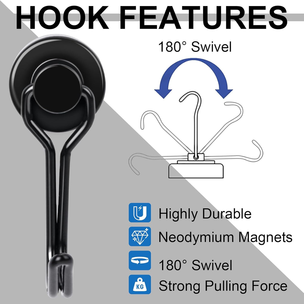 E BAVITE Swivel Swing Magnetic Hooks,30LB（20pack） Black Refrigerator Magnet Hook,Strong Neodymium Magnets Perfect for Refrigerator and Other Surfaces, 60mm(2.36In) in Length