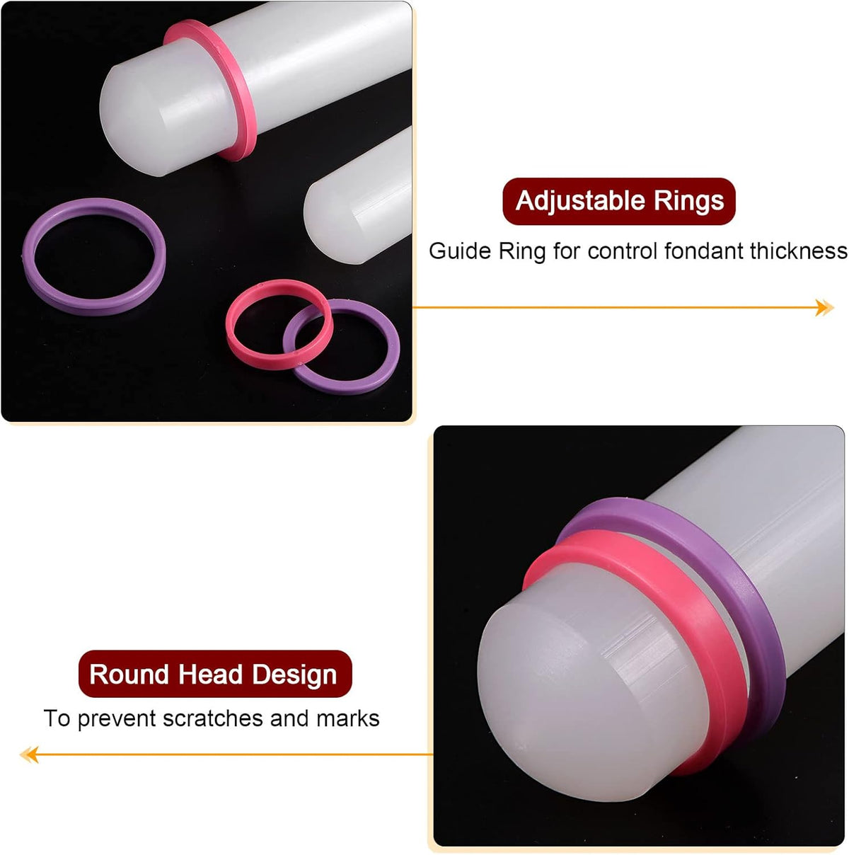 HARFINGTON 2pcs Fondant Rolling Pin 18 Inch x 0.98 Inch Adjustable Guide Rings Non-Stick PP Plastic Fondant Roller Dough Roller Kitchen Decorating Tools for Cookie Pastry Pizza Clay