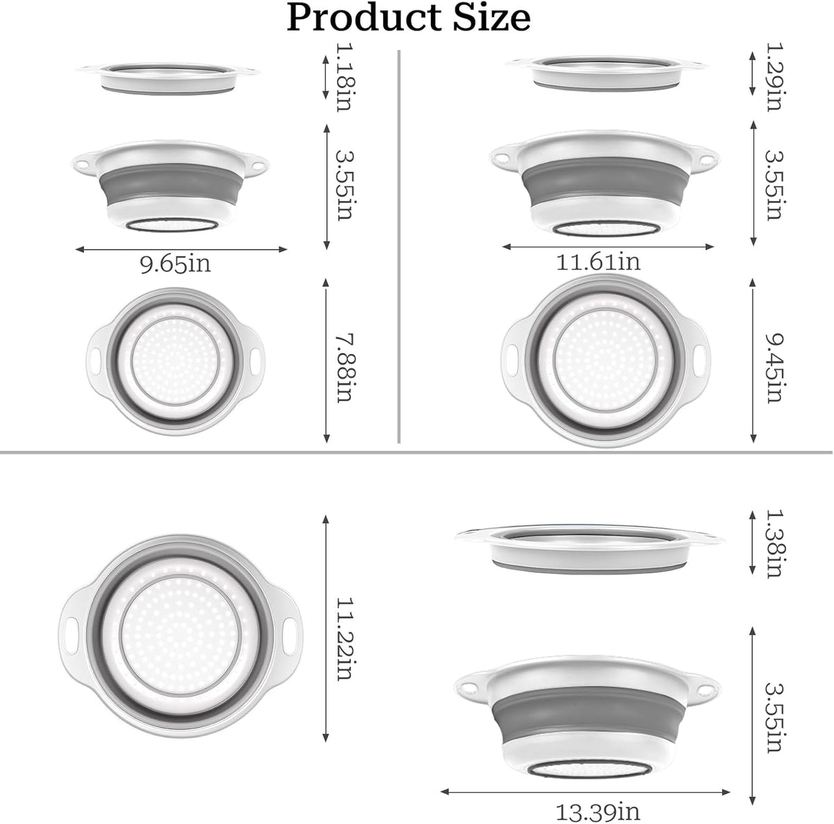 Collapsible Colander 3-Pack Set Space-Saving Foldable Kitchen Strainer with Non-Slip Base Durable Thickened PP+TPE Collapsible Strainers for Pasta, Vegetables, Fruits (Gray-White)