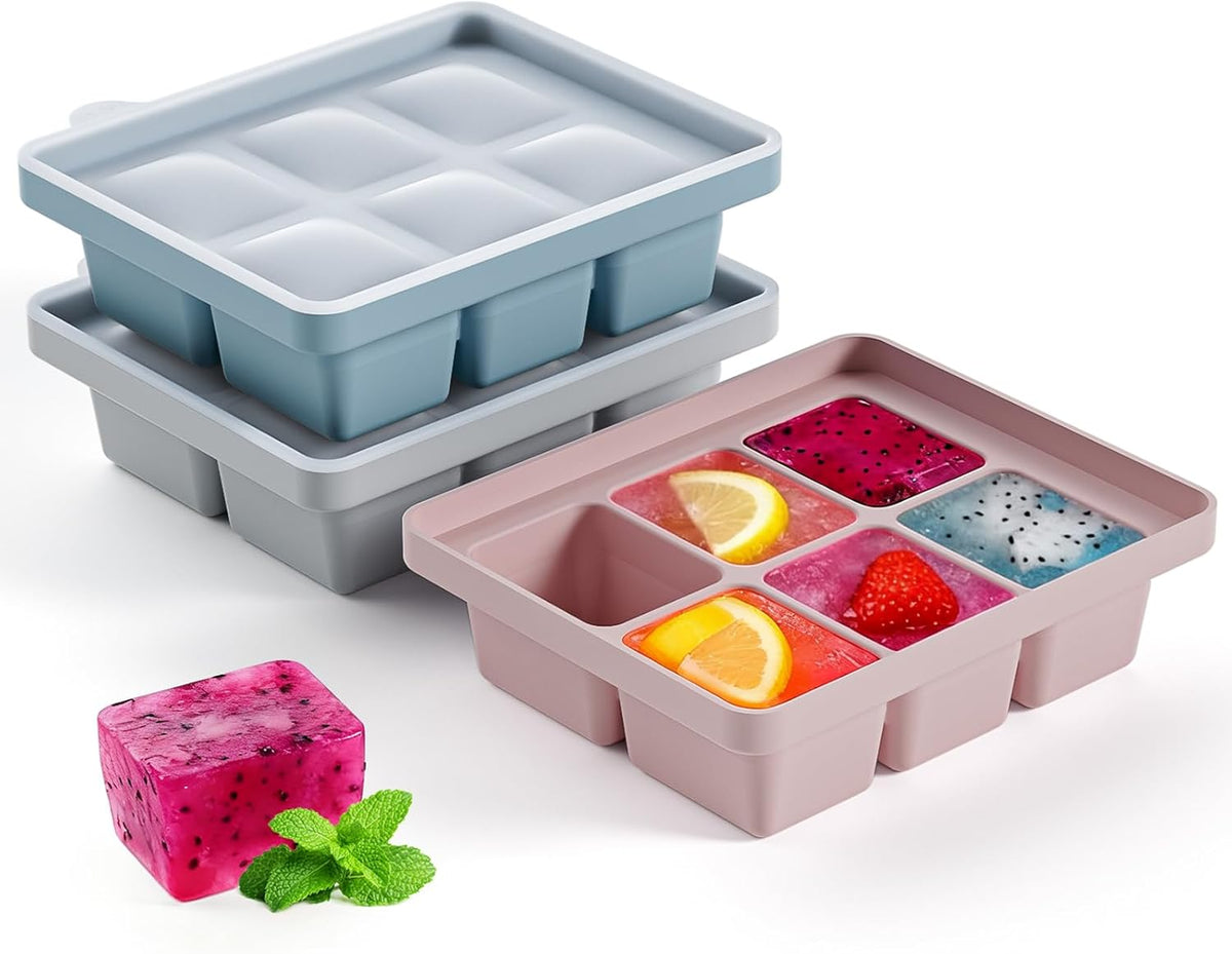 Large Silicone Ice Cube Tray Set of 3, Easy Release 6 Flexible Silicone Ice Cube Molds with Removable Lid, Reusable Freezer Stackable Ice Trays for Whiskey, Baby Food, No Floater, BPA Free