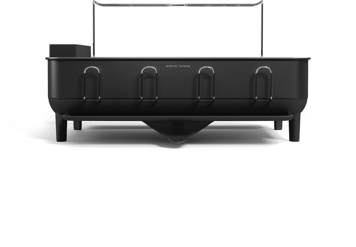 simplehuman Large Capacity Dish Drying Rack with Stainless Steel Frame, 360º Easy Drain Swivel Spout, Utensil & Wine Glass Holder, Anti-Residue Coating, Moisture Control Surface, Matte Black