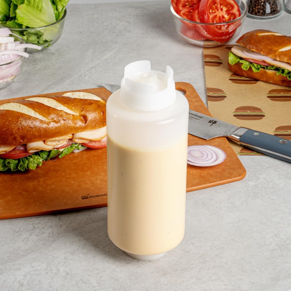 Restaurantware 32oz. FIFO Inverted Plastic Squeeze Bottle with Refill and Dispensing Lids - First In First Out - Perfect for Restaurants Catering and Food Trucks - 1ct box