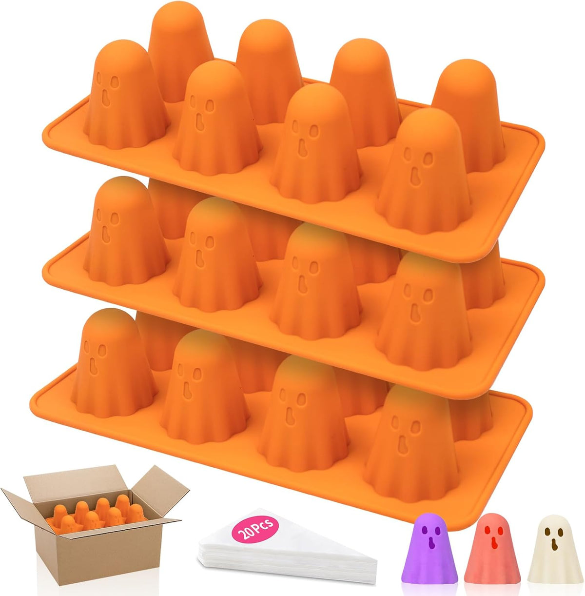 3pcs Halloween Ghost Jello Gummy Baking Silicone Mold with 20 Piping Bags,Halloween Ghost Ice Cake Pop Molds Silicone Non-Stick 3d Jello Shots for Chocolate Gummy Candy Pudding Resin Soap