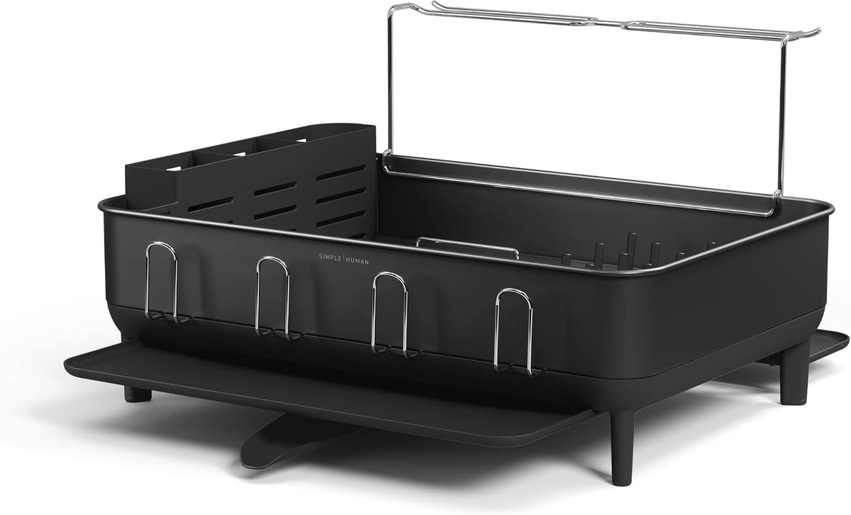 simplehuman Large Capacity Dish Drying Rack with Stainless Steel Frame, 360º Easy Drain Swivel Spout, Utensil & Wine Glass Holder, Anti-Residue Coating, Moisture Control Surface, Matte Black