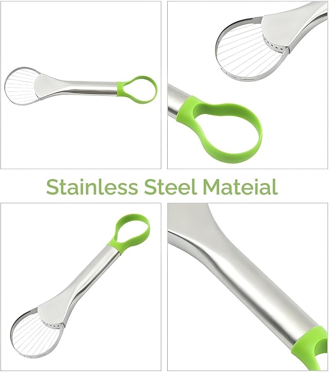 3-in-1 Avocado Slicer Tool, Emptycolor Stainless Steel Avocado Cutter, Pitter & Peeler, Multi-Function Avocado Tool for Slicing, Scooping, and Pit Removal, Kitchen Gadget with Green Plastic Handle