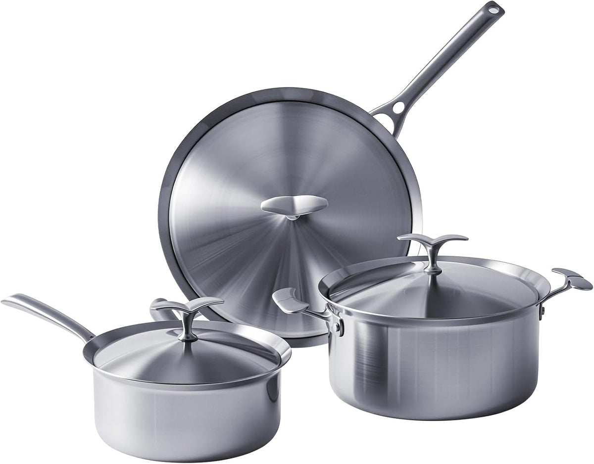 Stainless Steel Ceramic Cookware Set 6Pcs Pots and Pans Set Non Stick Steam-Return Lids 5 Ply Induction Non-Toxic Oven Safe Professional Kitchen Cooking Heavy Chef Quality | PFOA,PTFE & PFOS Free