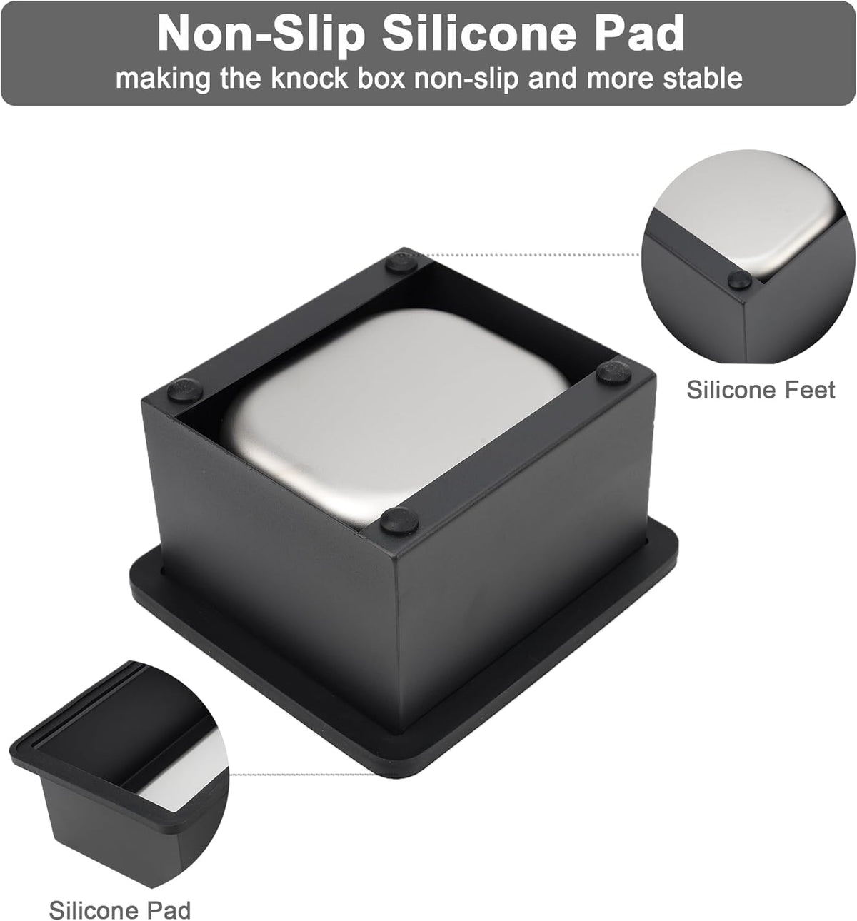 Espresso Knock Box, Coffee Knock Box for Espresso Grounds Disposal, Large Capacity, Equipped with Noise Reduction Rubber Ring & Steel Holder, Ideal Tool for Espresso Machines, Black (Small)
