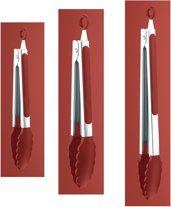 Red Stainless Steel Tongs Heat Resistant Kitchen Tongs Set - 7", 9" & 12" Inch, BBQ Tongs with Silicone Tip, Strong Grip for Cooking, Salad Tossing,Air Fryer, &Grill Tongs- Pull Lock, Red - Set of 3