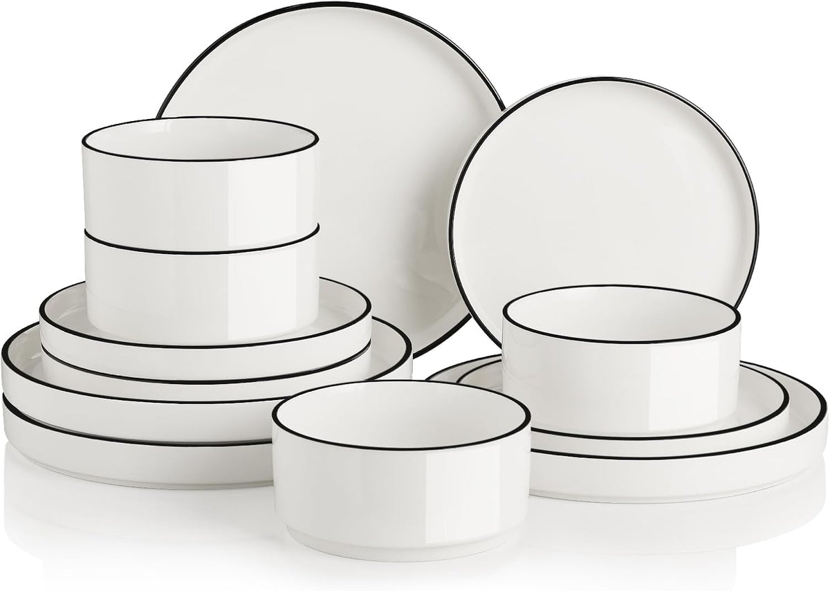Sweejar Porcelain Dinnerware Sets for 4, 12 Pieces Ceramic Plates and Bowls Set, Classic Modern Simple Kitchen Dinner Dining Ware Set, Dishwasher and Microwave Safe Dishes Sets(Pure White-Black Rim)