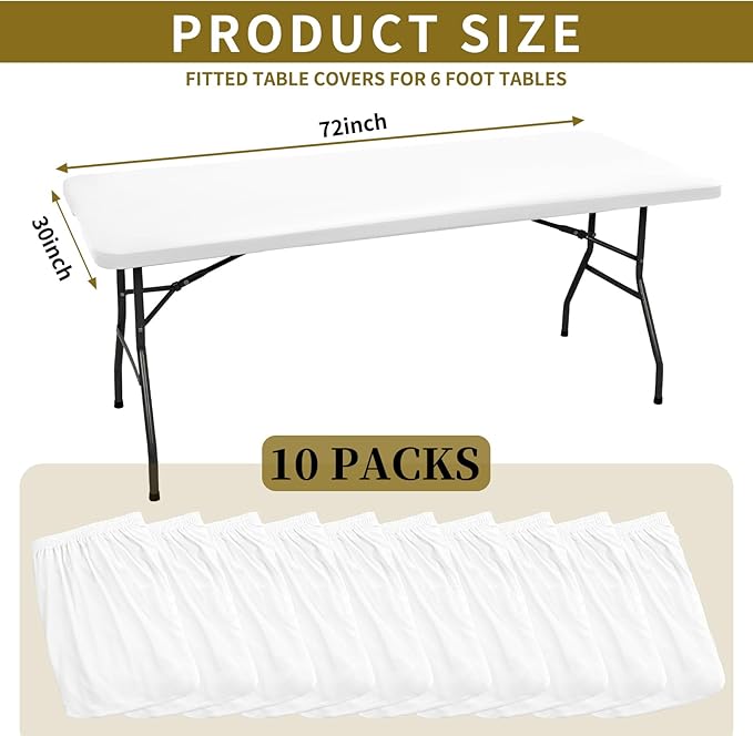 10 Pack Stretch Fabric Table Top Cap Cover, fits 6' Tables, Spandex Table Covers Washable Elastic Rectangle Tablecloth Protector for Indoor Outdoor Party Picnic Wedding, White, 30" W x 72" L