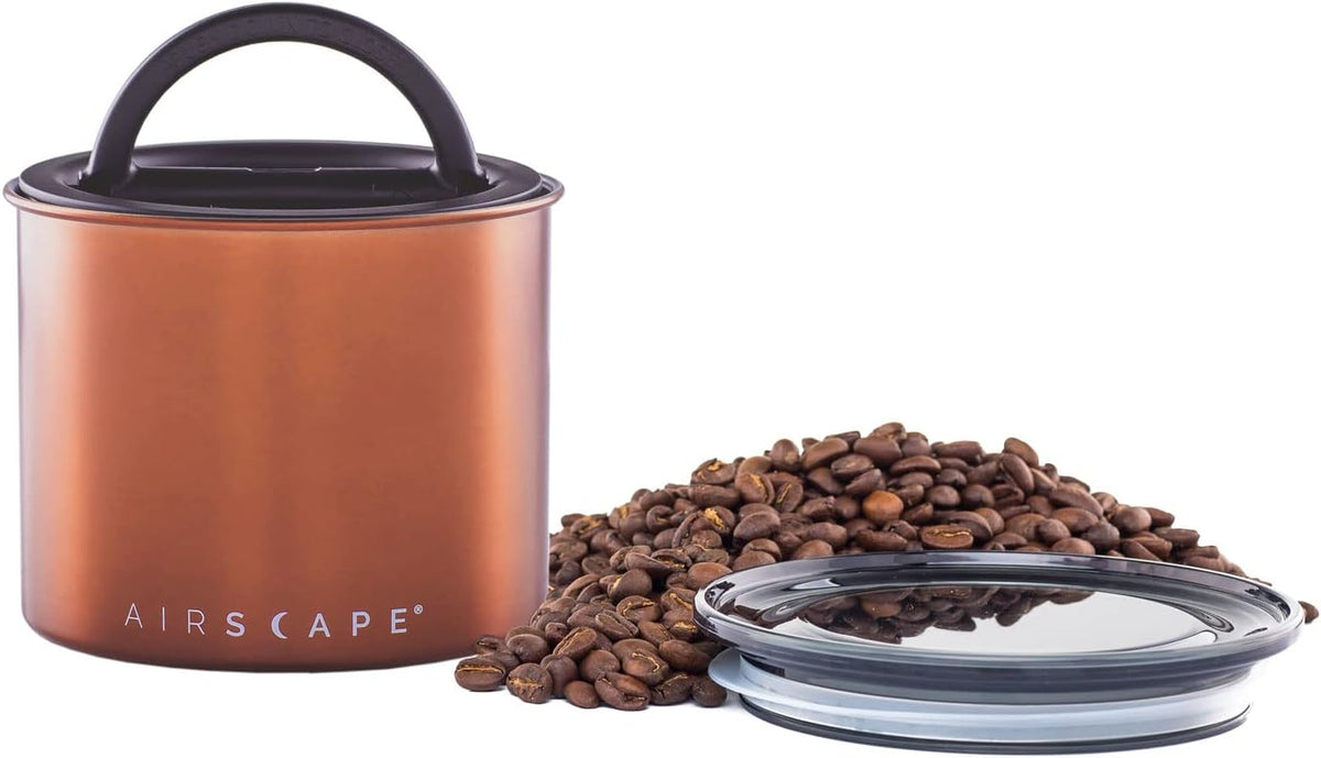 Planetary Design Airscape Stainless Steel Coffee Canister | Food Storage Container | US Patented Airtight Lid | Push Out Excess Air Preserve Food Freshness (Small, Brushed Copper)