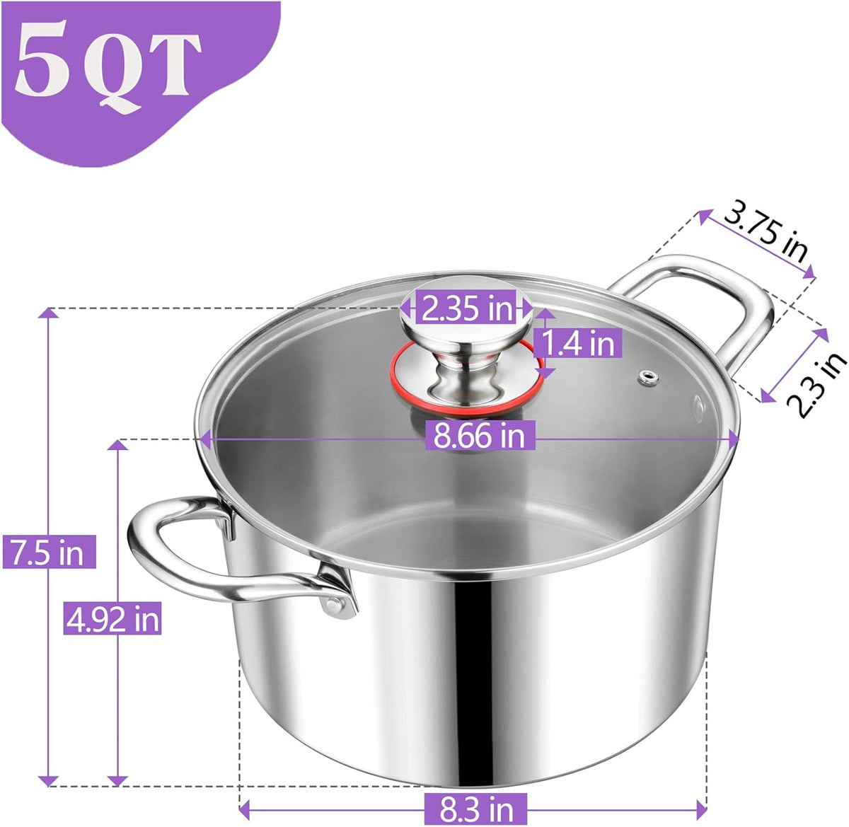 P&P CHEF 5 Quart Tri-Ply Stainless Steel Stock Pot, 5 Qt Stockpot Pasta Cooking Pot with Visible Lid for Soup Vegetable, Induction Cookware for All Stoves, Sturdy & Double Handle, Dishwasher Safe