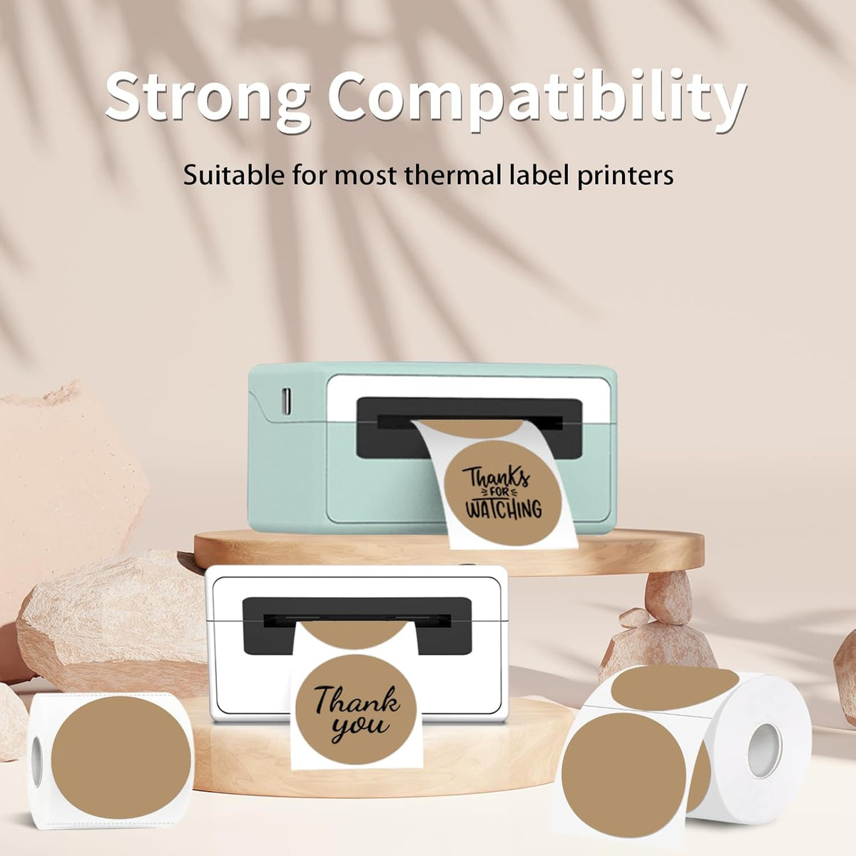 Thermal Label,3 Inch Brown Round Thermal Printer Sticker,Self-Adhesive Round Direct Thermal Labels,Thermal Stickers for DIY Logo Design,Name Tag (300 Labels/1 Roll)