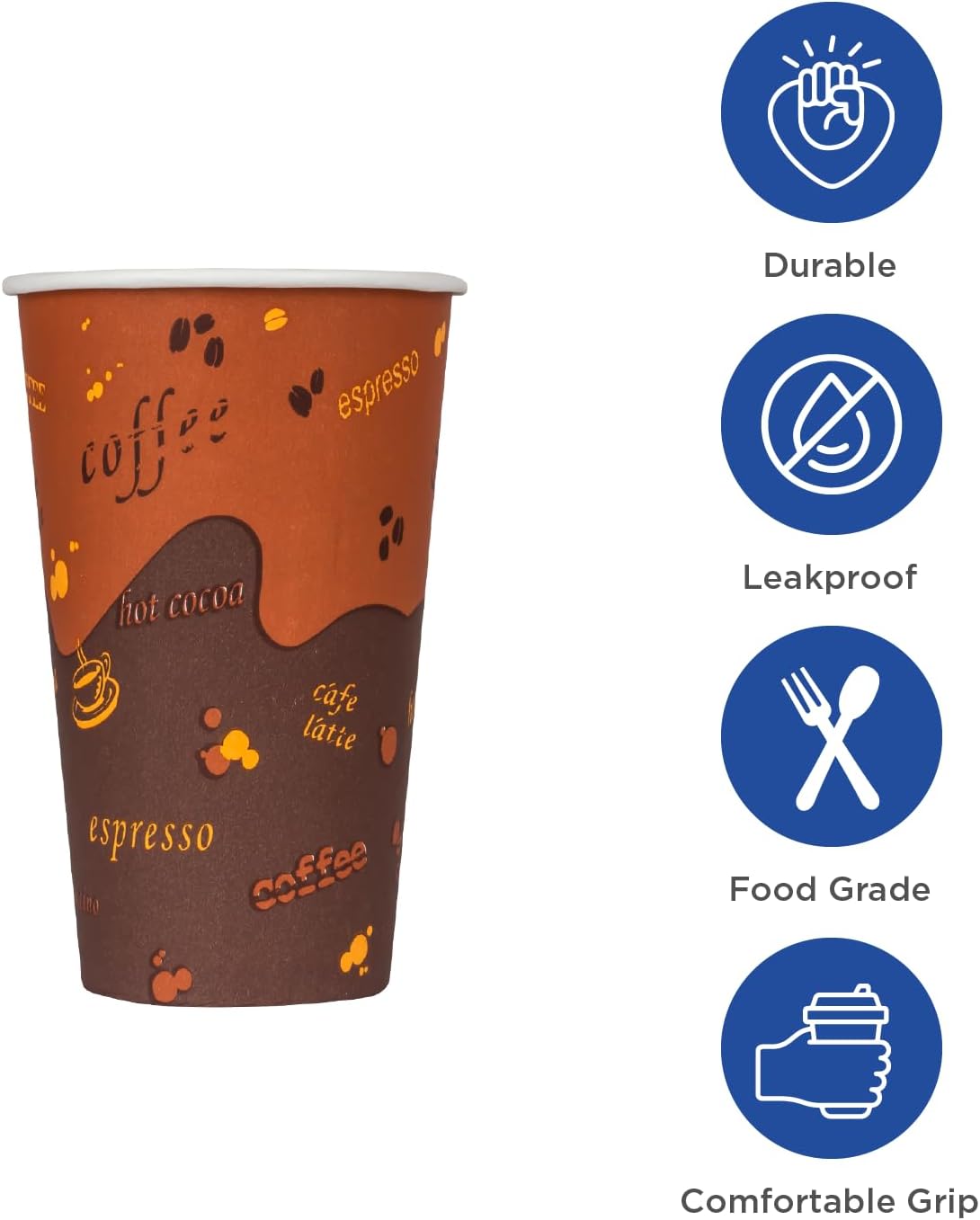 Karat 16 oz Paper Hot Coffee Cups [1000 ct] Disposable, Leak-Resistant Double Poly-Lined Cups for Hot Beverages, 90mm (C-K516)