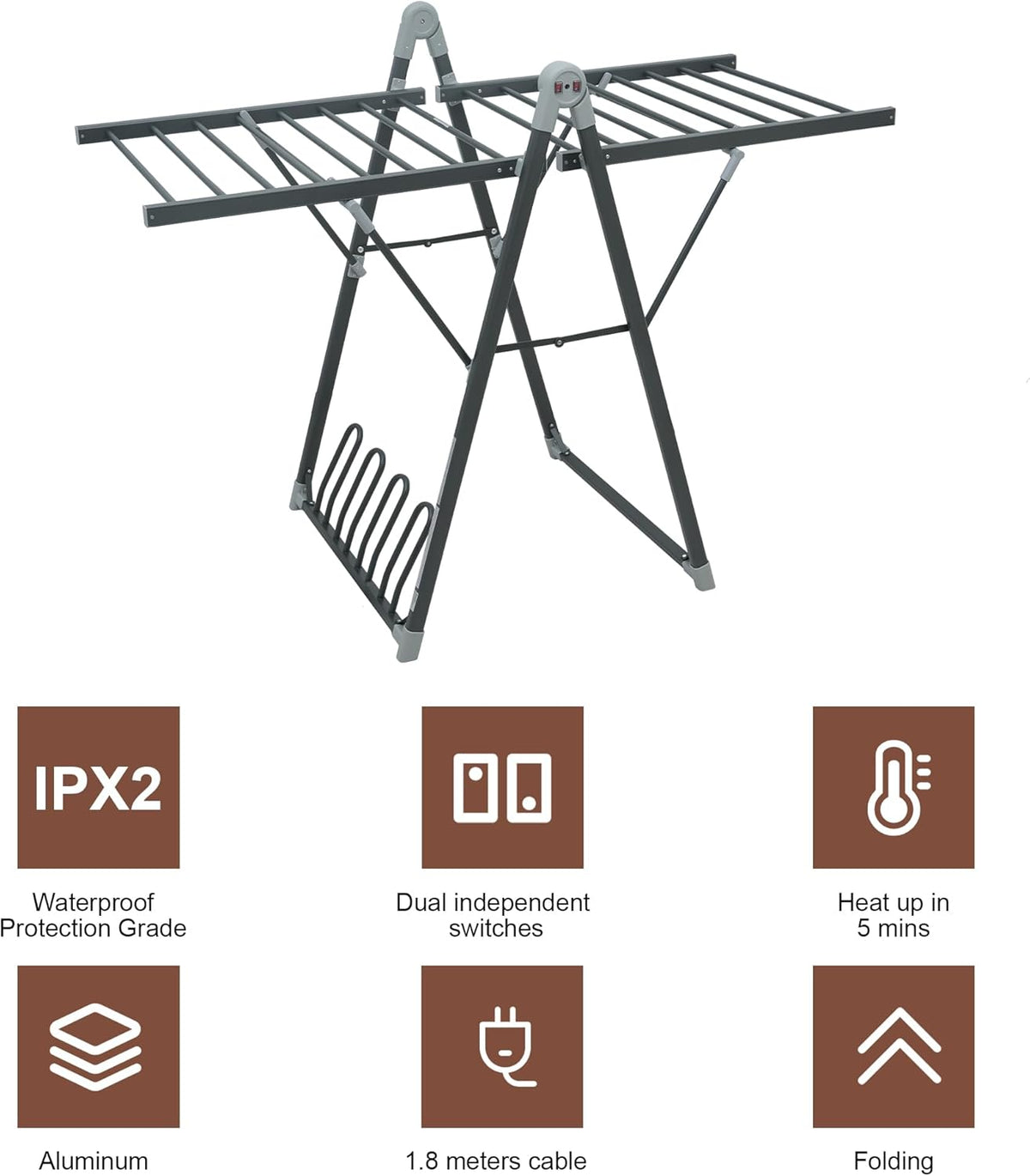 Electric Heating Clothes Drying Rack,Foldable Clothes Drying Rack,Suitable for Drying Clothes, Shoes and Socks.Plug & Play,Space Gray,Aluminum Alloy,One-Click Switch(39.37×52.56×25.98in)