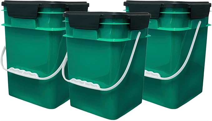 House Naturals 4 Gallon Square Food Grade Bucket Pail with Plastic Handles and Lid (Pack of 3) Made in USA containers (Dark Green - Black lids)