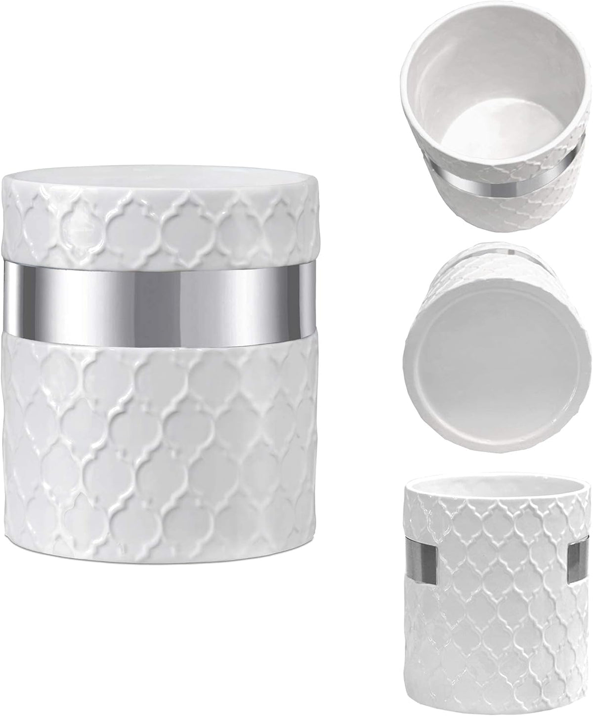 Home Acre Designs Kitchen Utensil Holder - Large Ceramic Farmhouse Countertop Crock, White/Silver