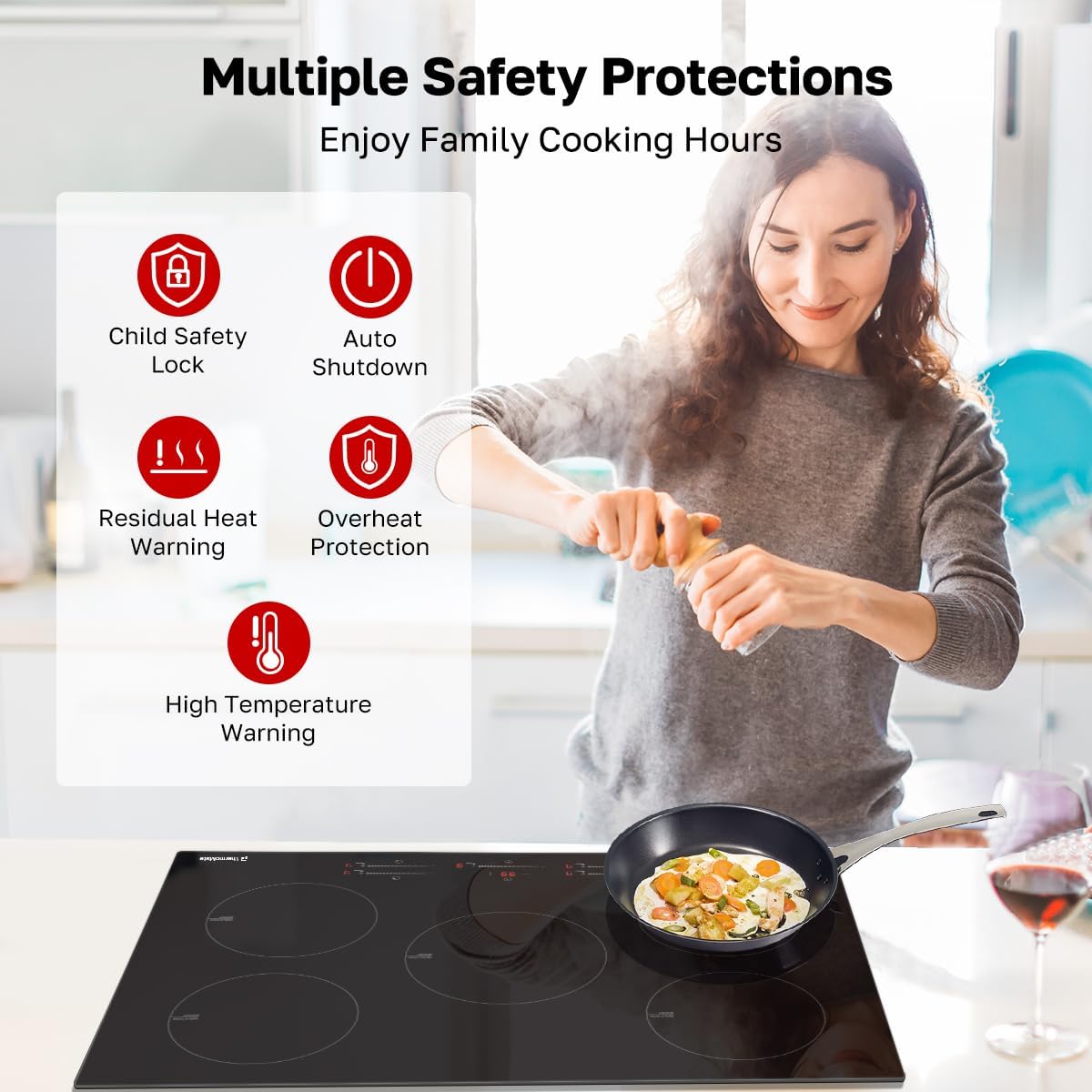 ThermoMate 30 Inch Induction Cooktop, 9000W Built in Induction Stove Top, Electric Cooktop with 5 Boost Burner, 9 Heating Level, Timer & Child Safety Lock, Sensor Touch Control, 240V