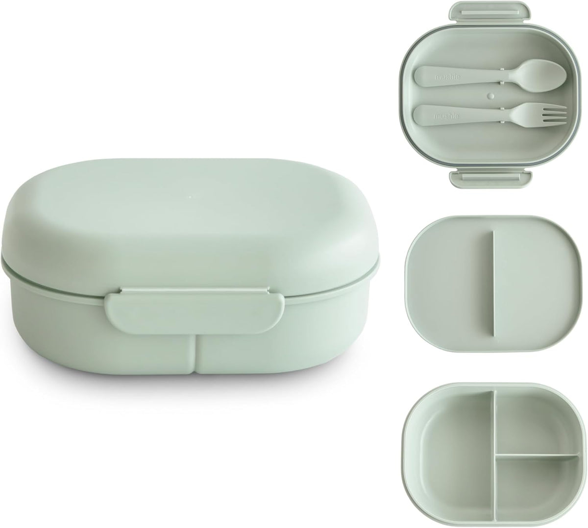 mushie Kids Bento Lunch Box | 3-Compartment & Removable Divider + Fork & Spoon Utensils | Great For Meals, School, Snacks On-the-Go | Dishwasher Safe (Sage)