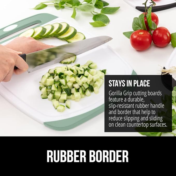 GORILLA GRIP BPA-Free Reversible Kitchen Cutting Board Set of 3, US Designed, Nonporous, Juice Grooves Catch Liquid, Slip Resistant Border, Dishwasher Safe Large Food Chopping Boards, Gray Mint Pink