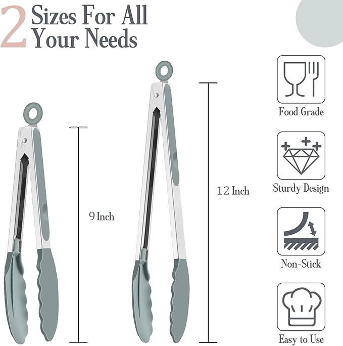 TeamFar Kitchen Tongs, 9" and 12" Stainless Steel Cooking Tongs with Silicone Tips for Cooking Grilling Serving & BBQ, Heat Resistant Silicone Tongs, Locking Design & Dishwasher Safe, Set of 2 & Grey