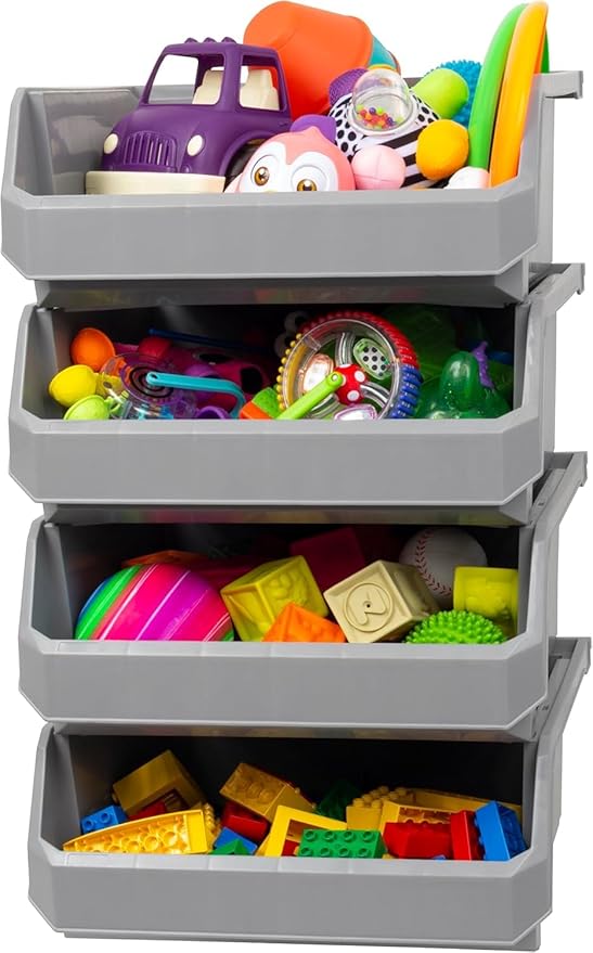 Plastic Containers for Organizing and Storage Bins for Closet, Kitchen, Office, Garage or Pantry Organization, Stackable Bins, Extra Large (14.8" x 16.5" x 7"), 4-Pack, Grey