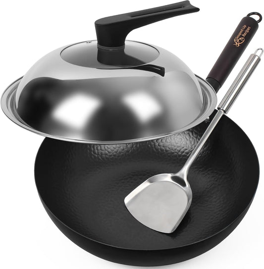 13.4 Inch Carbon Steel Wok For Electric, Induction and Gas Stoves (Lid, Spatula and User Guide Video Included)