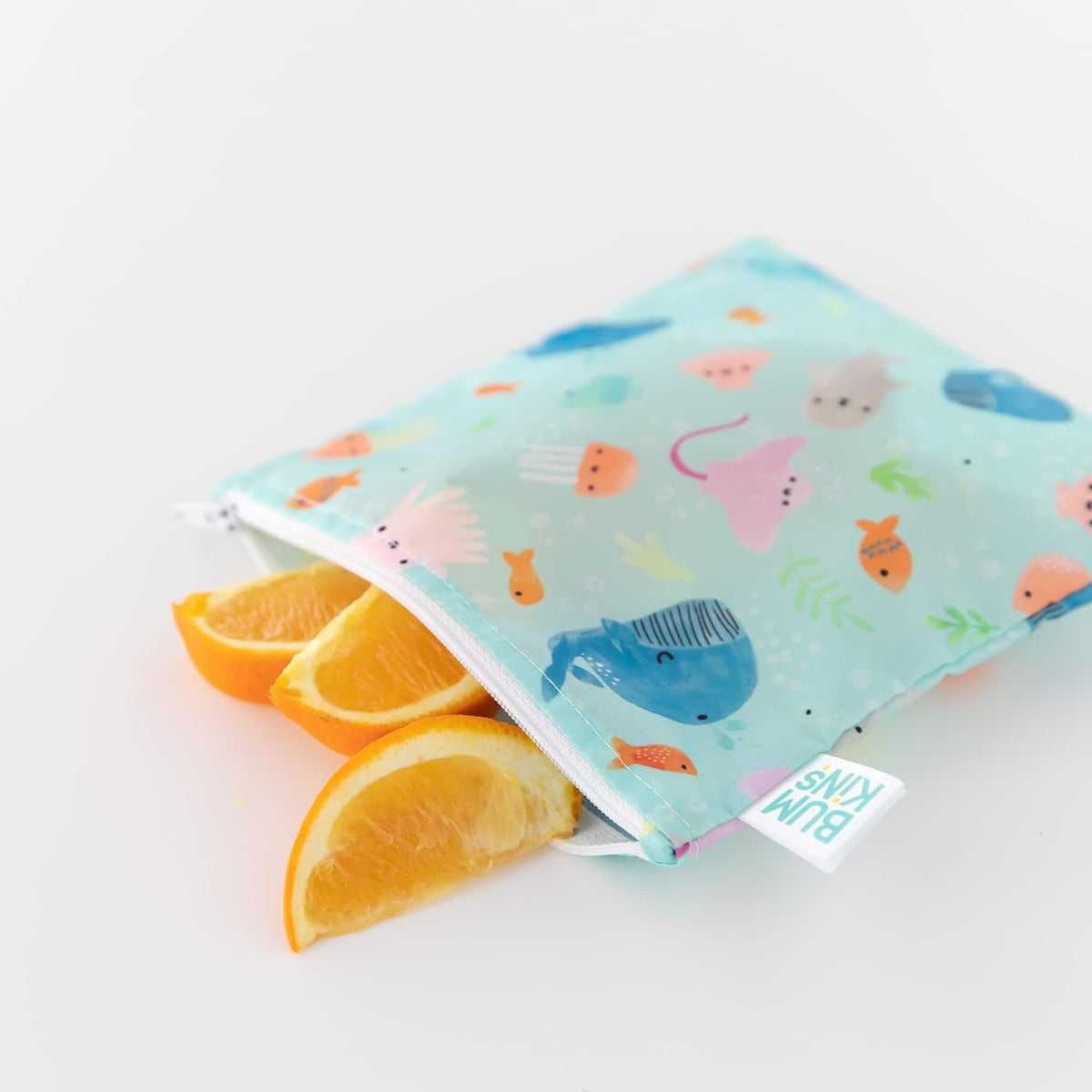 Bumkins - Cloth Snack & Sandwich Bags - For Storage, Travel, Food Prep, Lunch - Reusable, Water Resistant, Washable, Dishwasher Safe - Snack Bags for Kids - Zipper Closure - Ocean Life - 4 Pack