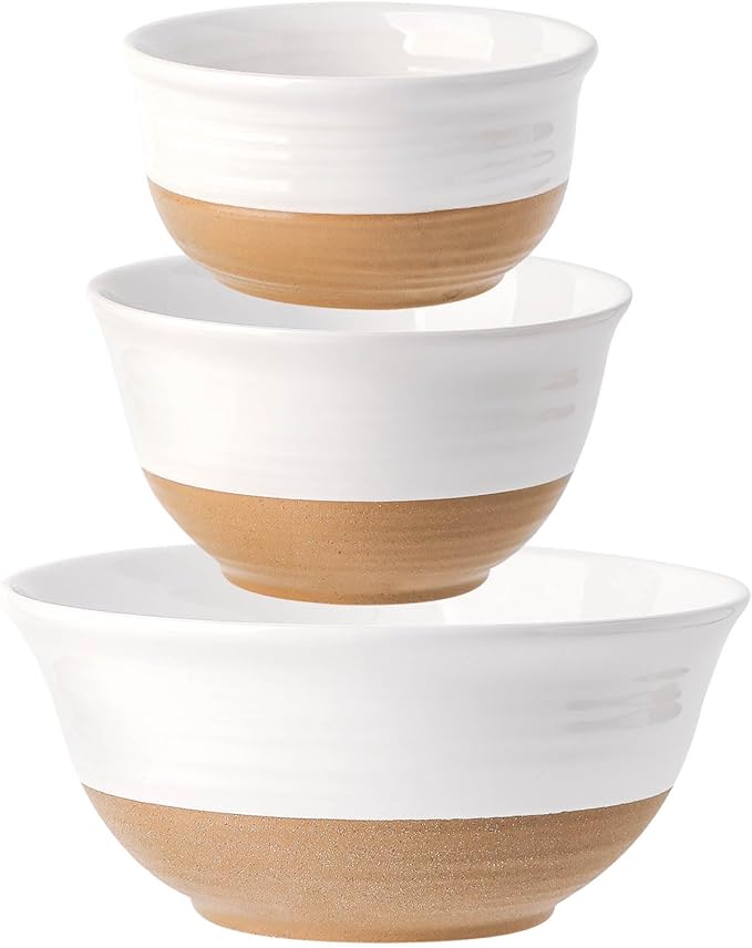 Ceramic Bowls Set, Large Mixing Bowls Set of 3 for Cooking, Baking, Prepping, Nesting, Stoneware Serving Bread Bowls for Kitchen, 2.1/1.0/0.5 Qt, Oven, Dishwasher, Microwave Safe, White