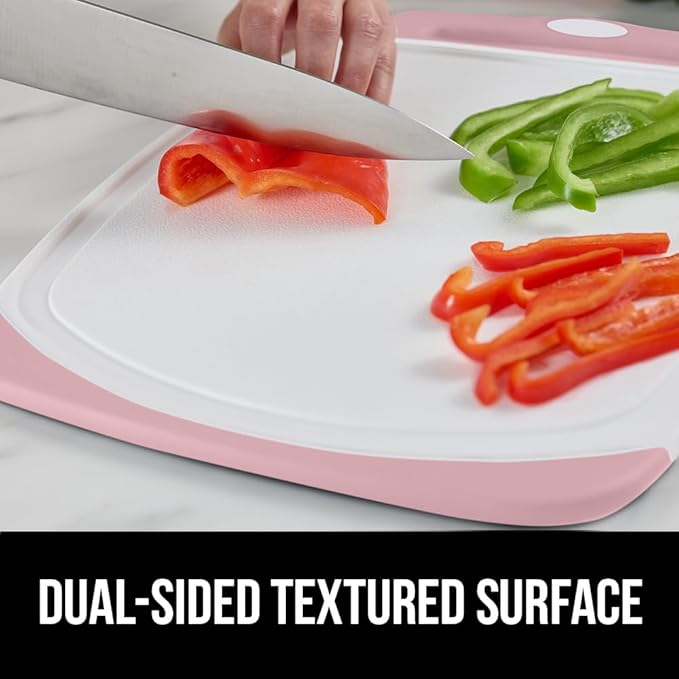 GORILLA GRIP BPA-Free Reversible Kitchen Cutting Board Set of 3, US Designed, Nonporous, Juice Grooves Catch Liquid, Slip Resistant Border, Dishwasher Safe, Durable Large Food Chopping Boards, Pink