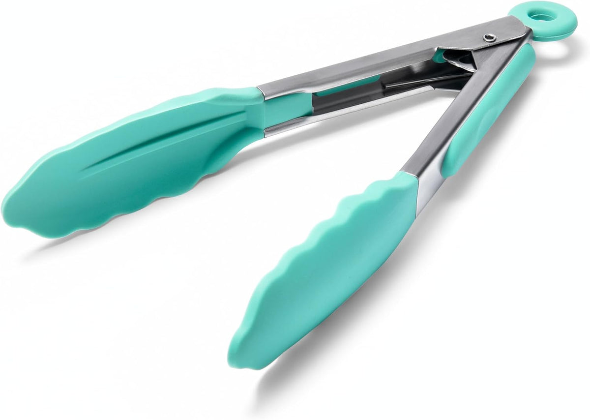 Doosu Kitchen Tongs for Cooking - 600°F Heat Resistant Food Tong with Non-Scratch Silicone Tips, Heavy Duty Stainless Steel Locking Tong for BBQ, Grilling Steak, Serving Salad, Pasta (7in, Aqua Sky)
