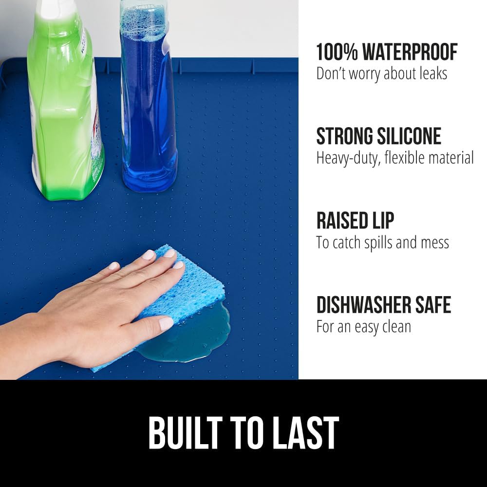 GORILLA GRIP Waterproof Silicone Under Sink Mat with Raised Lip for Kitchen and Bathroom, Cabinet Shelf Liner Stay in Place Mats Dishwasher Safe Drawer Liner, Organizer Tray, 15 x 22 in, Blue