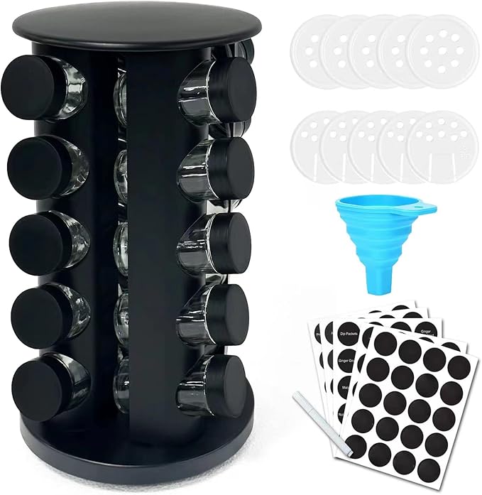 KALINCO Rotating Spice Rack Organizer, Revolving Spice Rack for Cabinet, Stainless Steel Spice Organizer with Jars(20-Jar) Black
