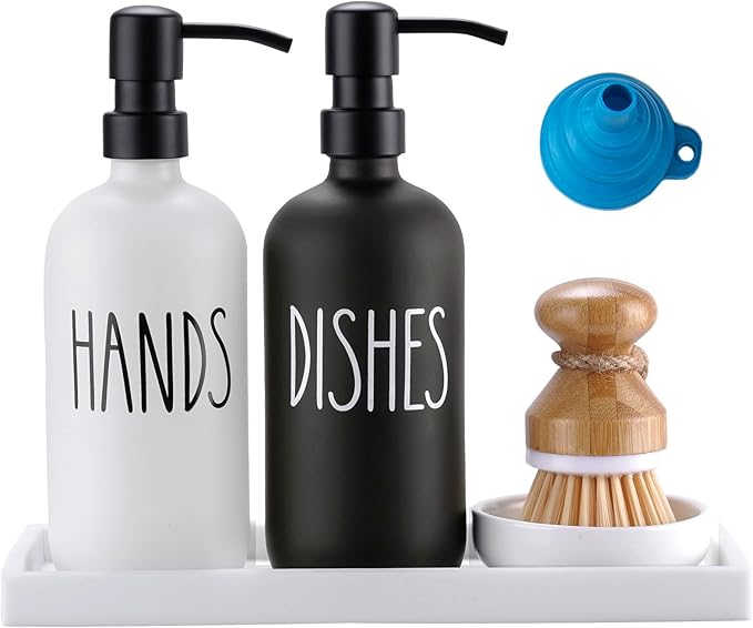 Glass Soap Dispenser for Kitchen, Farmhouse Dish Soap Dispenser&Hand Soap Dispenser Set,Rustproof Pump Soap Lotion Dispenser Set with Tray and Dish Brush,Kitchen Decor(Black&White)
