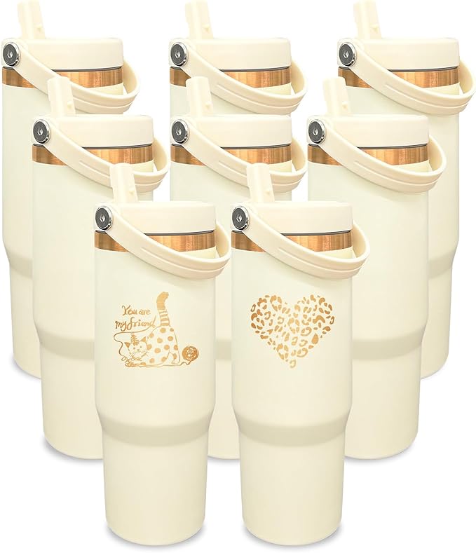 30 oz Tumbler Bulk with Handle and Straw, Vacuum Insulated Tumblers with Flip Straw and Top Handle, Leakproof Powder Coated Tumbler, Stainless Steel Travel Mug for Coffee Water (Cream, 8 Pack)